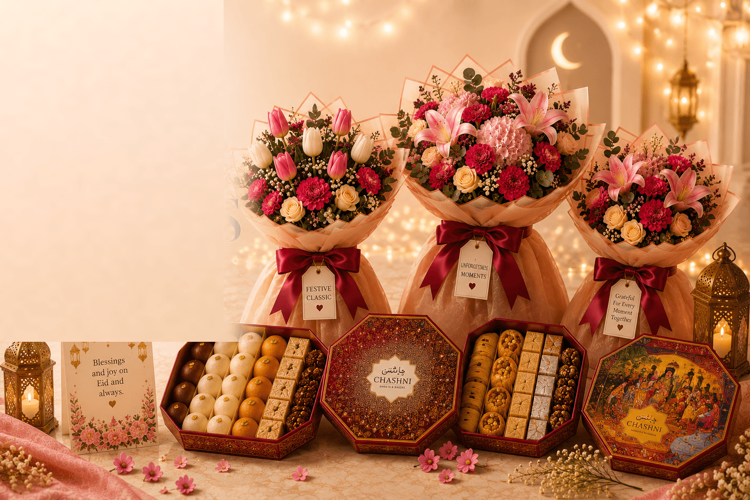Eid mithai box and roses, hand-delivered to families in Pakistan