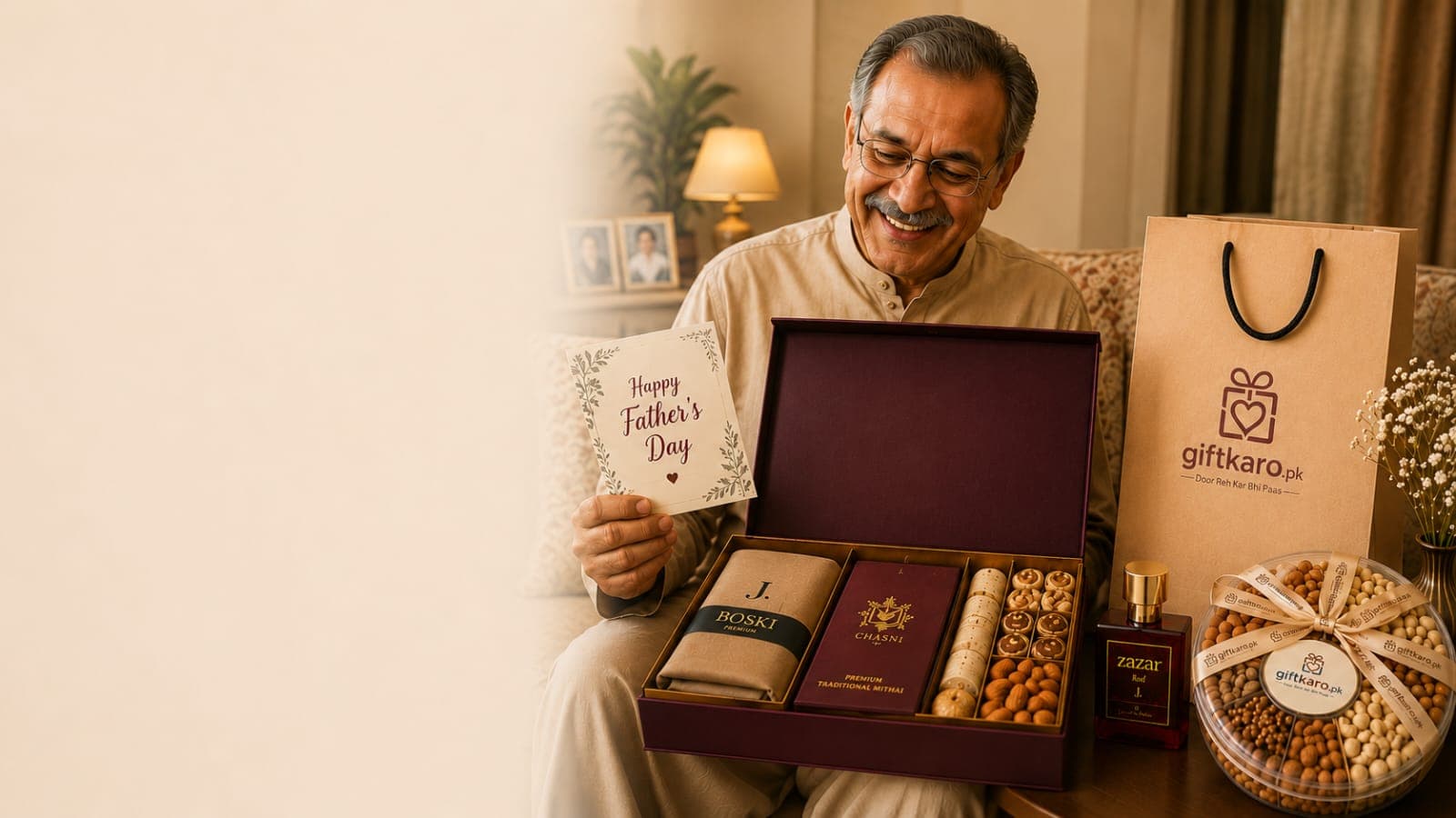 Father reading a Happy Father's Day card beside a premium mithai and gift box, hand-delivered to families in Pakistan