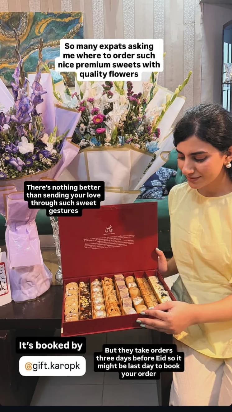 Instagram story from a creator featuring GiftKaro premium Eid mithai and quality flowers, captioned 'It's booked by @gift.karopk'